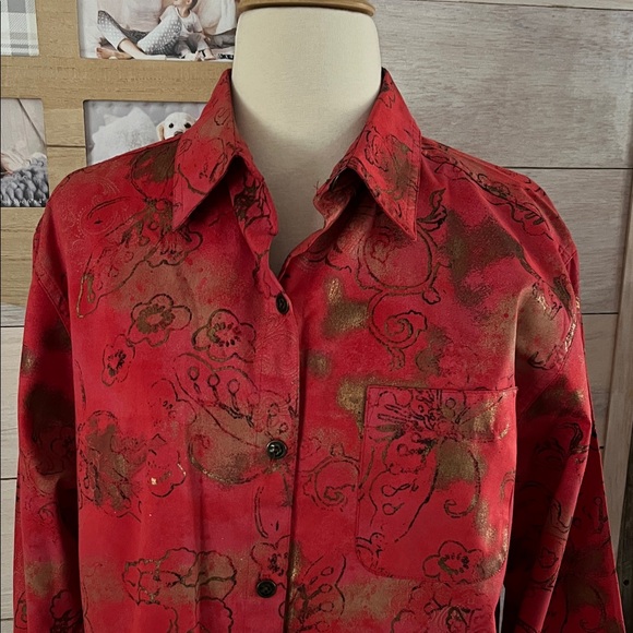 Chico's Design Red Floral Button-Up Shirt - Picture 2 of 4